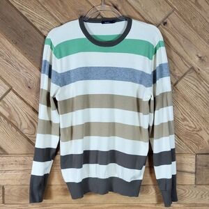Bossini Striped Crew Neck Sweater Mens Large 100% Cotton Multicolor CreamGreen